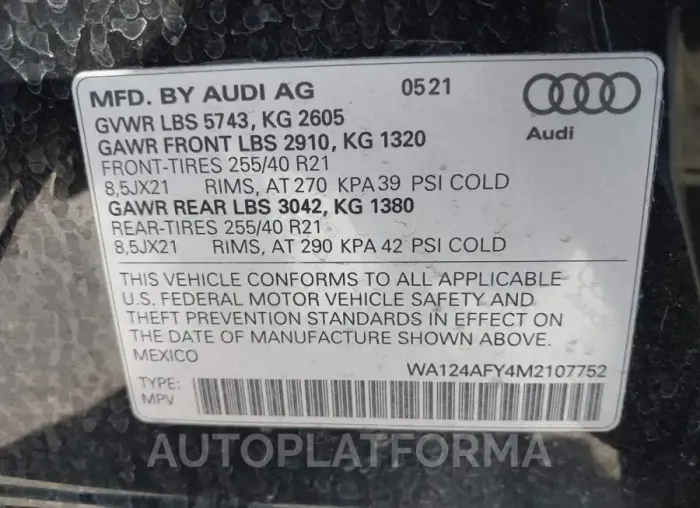 AUDI SQ5 SPORTBACK 2021 vin WA124AFY4M2107752 from auto auction Iaai