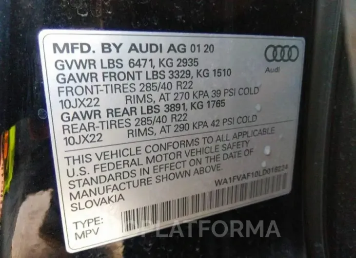 AUDI Q8 2020 vin WA1FVAF10LD016224 from auto auction Iaai