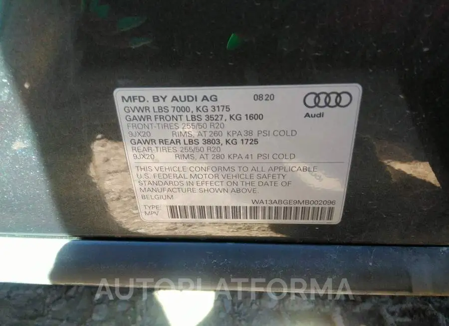 AUDI E-TRON 2021 vin WA13ABGE9MB002096 from auto auction Iaai