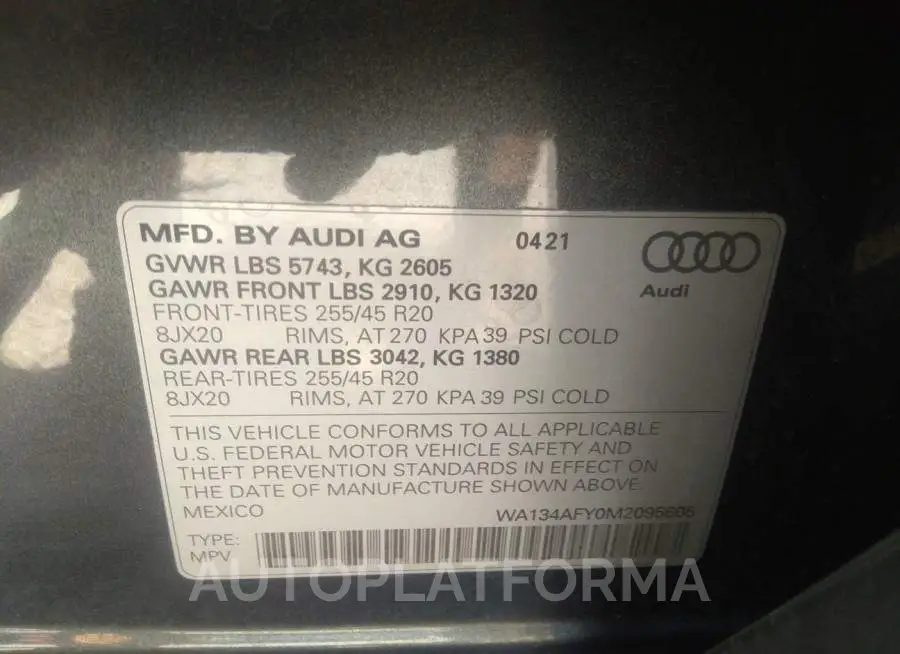 AUDI SQ5 SPORTBACK 2021 vin WA134AFY0M2095605 from auto auction Iaai