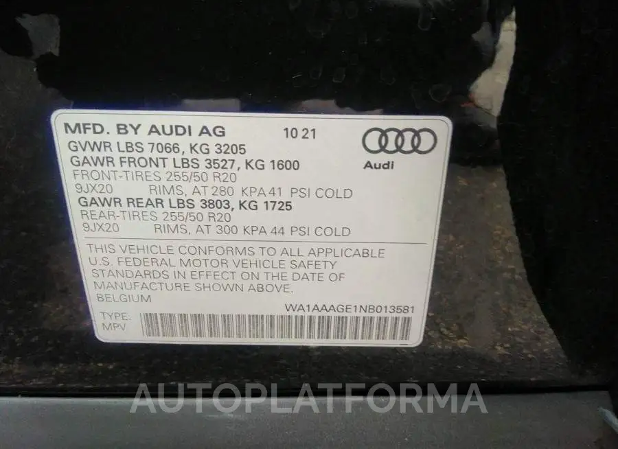 AUDI E-TRON 2022 vin WA1AAAGE1NB013581 from auto auction Iaai