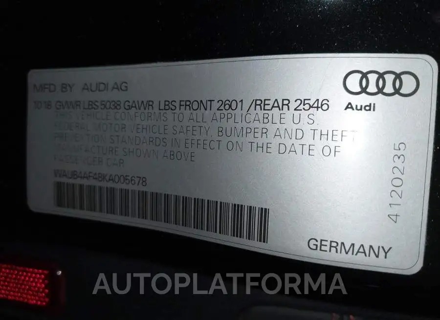 AUDI S4 2019 vin WAUB4AF48KA005678 from auto auction Iaai