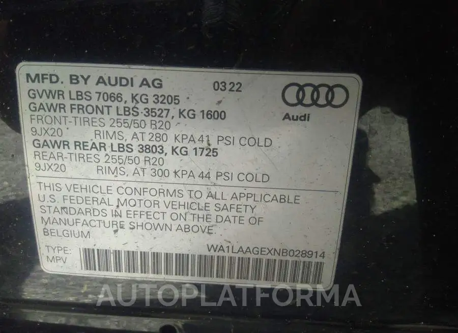 AUDI E-TRON 2022 vin WA1LAAGEXNB028914 from auto auction Iaai