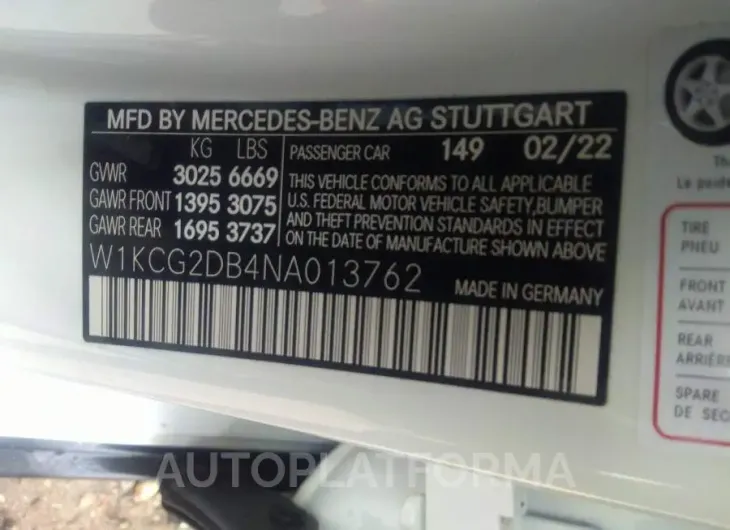 MERCEDES-BENZ EQS 2022 vin W1KCG2DB4NA013762 from auto auction Iaai