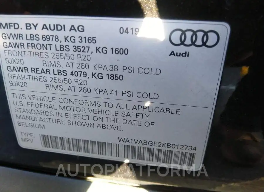 AUDI E-TRON 2019 vin WA1VABGE2KB012734 from auto auction Iaai