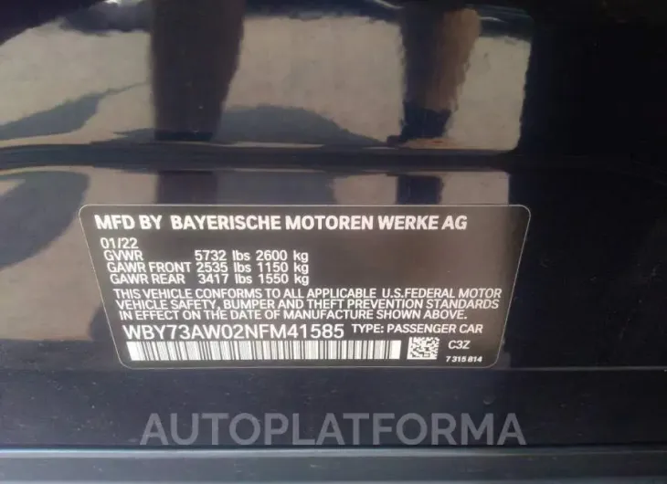 BMW I4 2022 vin WBY73AW02NFM41585 from auto auction Iaai