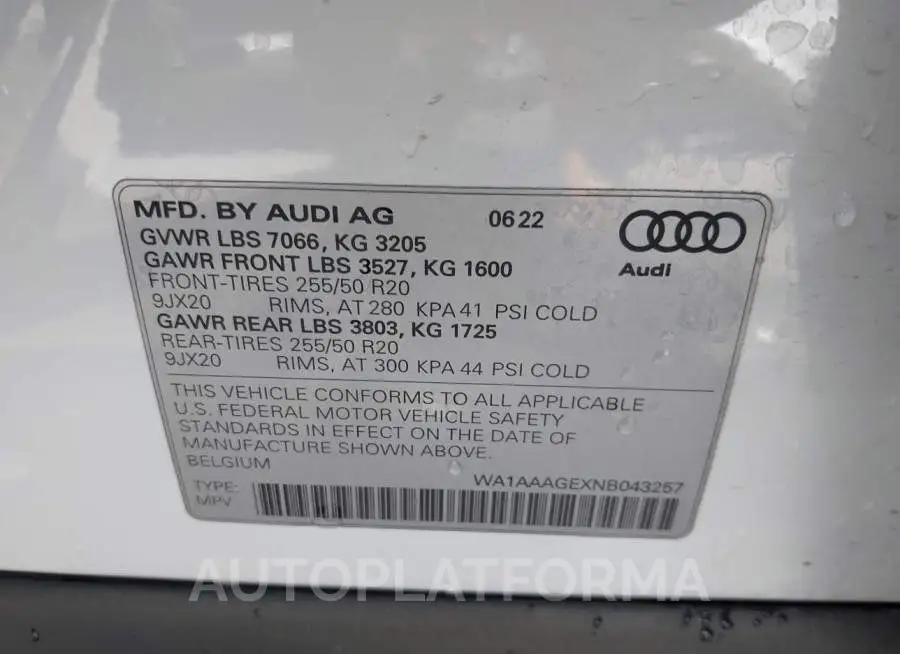 AUDI E-TRON 2022 vin WA1AAAGEXNB043257 from auto auction Iaai