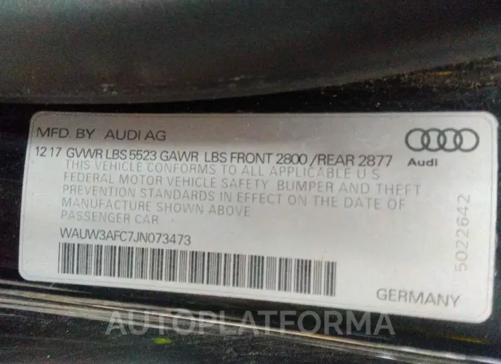 AUDI A7 2018 vin WAUW3AFC7JN073473 from auto auction Iaai