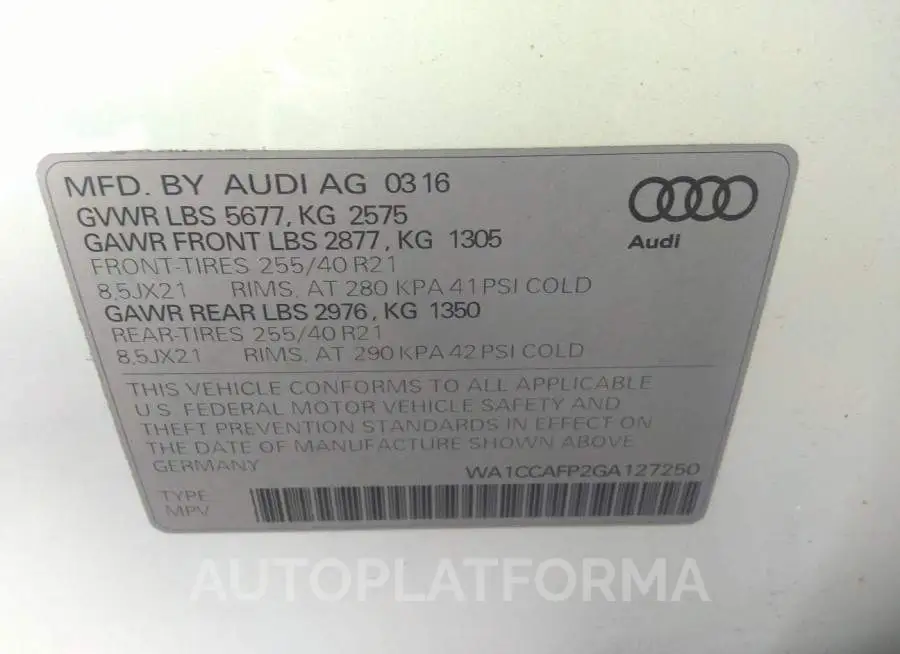 AUDI SQ5 2016 vin WA1CCAFP2GA127250 from auto auction Iaai