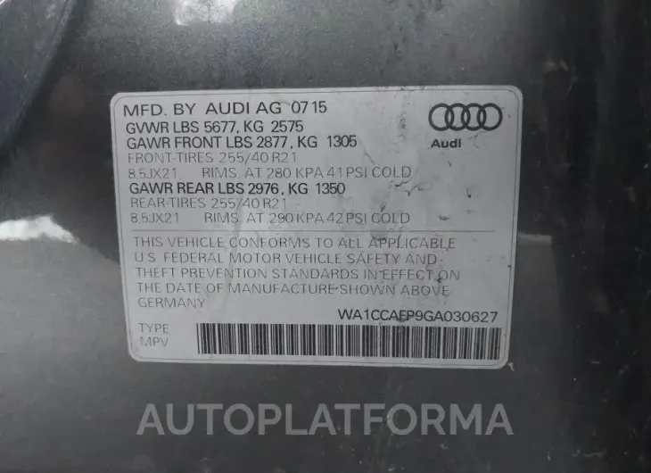 AUDI SQ5 2016 vin WA1CCAFP9GA030627 from auto auction Iaai