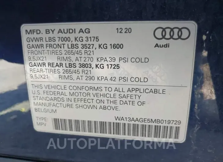 AUDI E-TRON 2021 vin WA13AAGE5MB019729 from auto auction Iaai