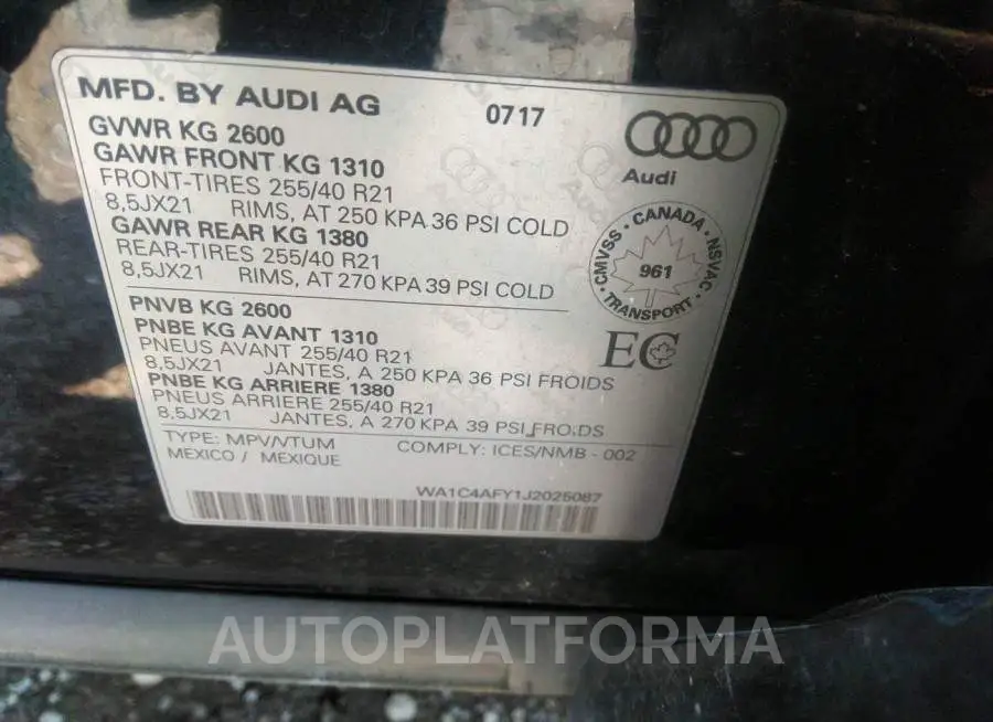 AUDI SQ5 2018 vin WA1C4AFY1J2025087 from auto auction Iaai