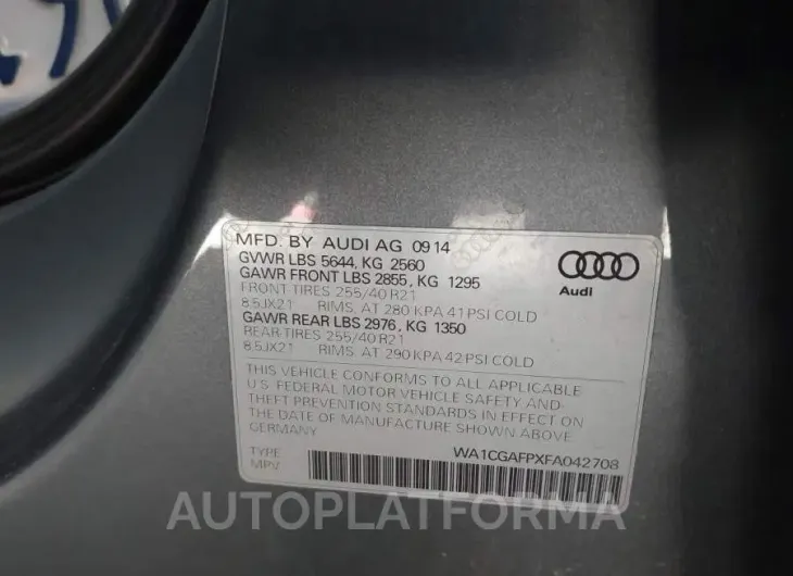 AUDI SQ5 2015 vin WA1CGAFPXFA042708 from auto auction Iaai