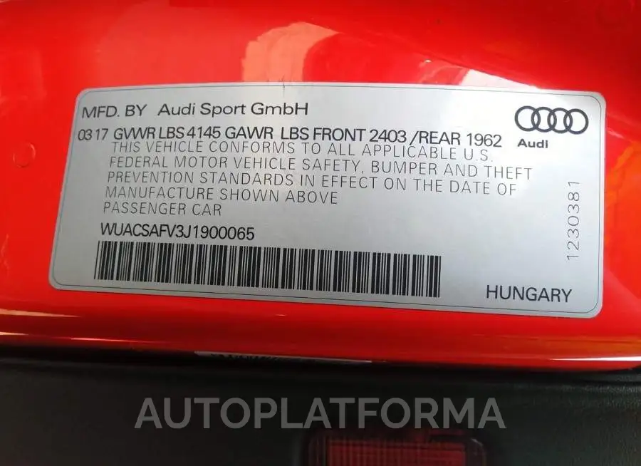 AUDI TT RS 2018 vin WUACSAFV3J1900065 from auto auction Iaai