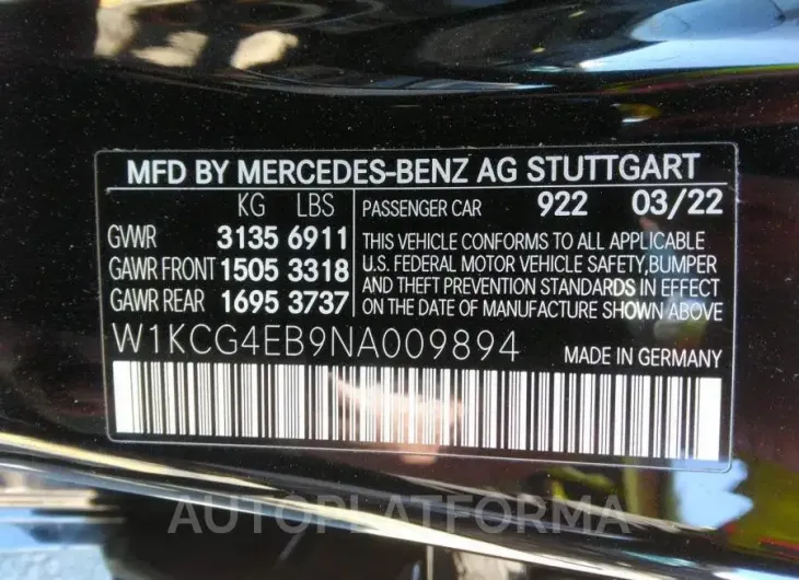 MERCEDES-BENZ EQS 2022 vin W1KCG4EB9NA009894 from auto auction Iaai