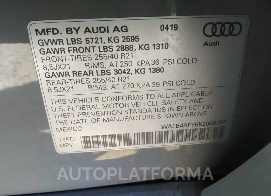 AUDI SQ5 2019 vin WA1B4AFY6K2096797 from auto auction Iaai