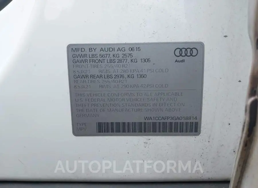 AUDI SQ5 2016 vin WA1CCAFP3GA018814 from auto auction Iaai