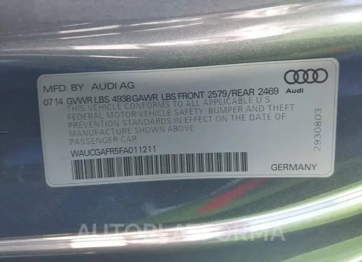 AUDI S5 2015 vin WAUCGAFR5FA011211 from auto auction Iaai