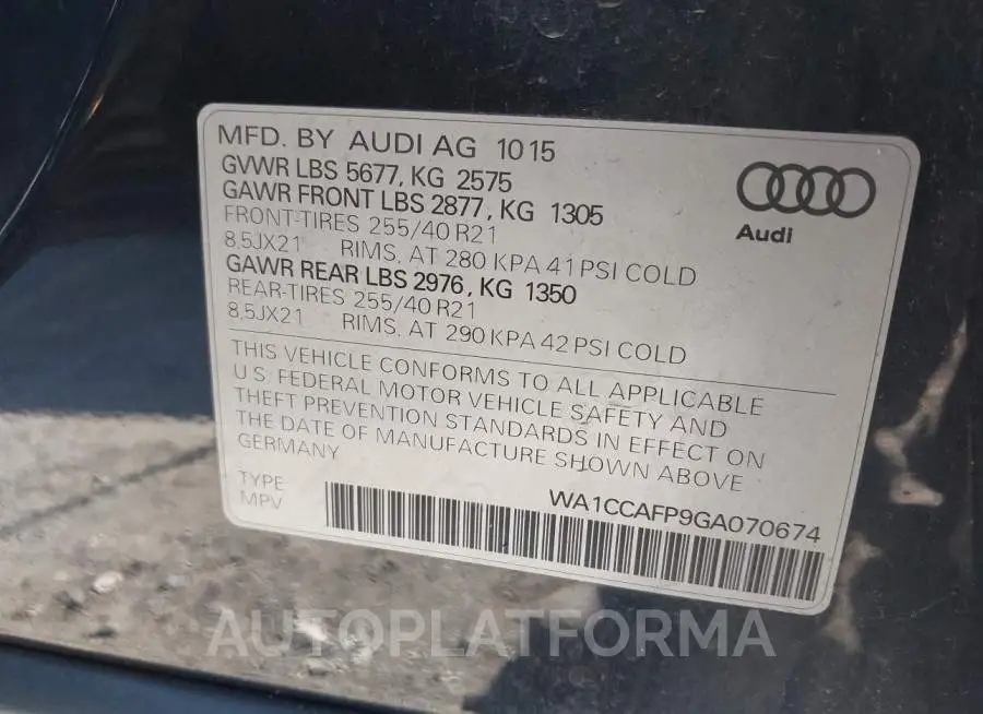 AUDI SQ5 2016 vin WA1CCAFP9GA070674 from auto auction Iaai