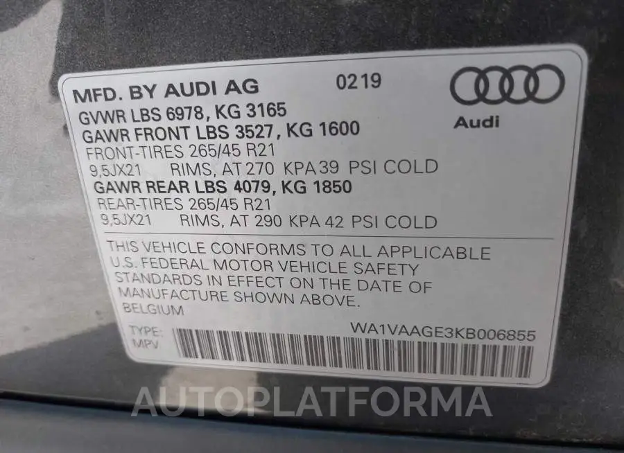 AUDI E-TRON 2019 vin WA1VAAGE3KB006855 from auto auction Iaai