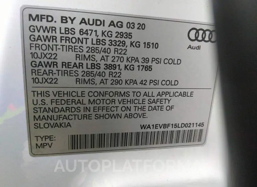 AUDI Q8 2020 vin WA1EVBF15LD021145 from auto auction Iaai