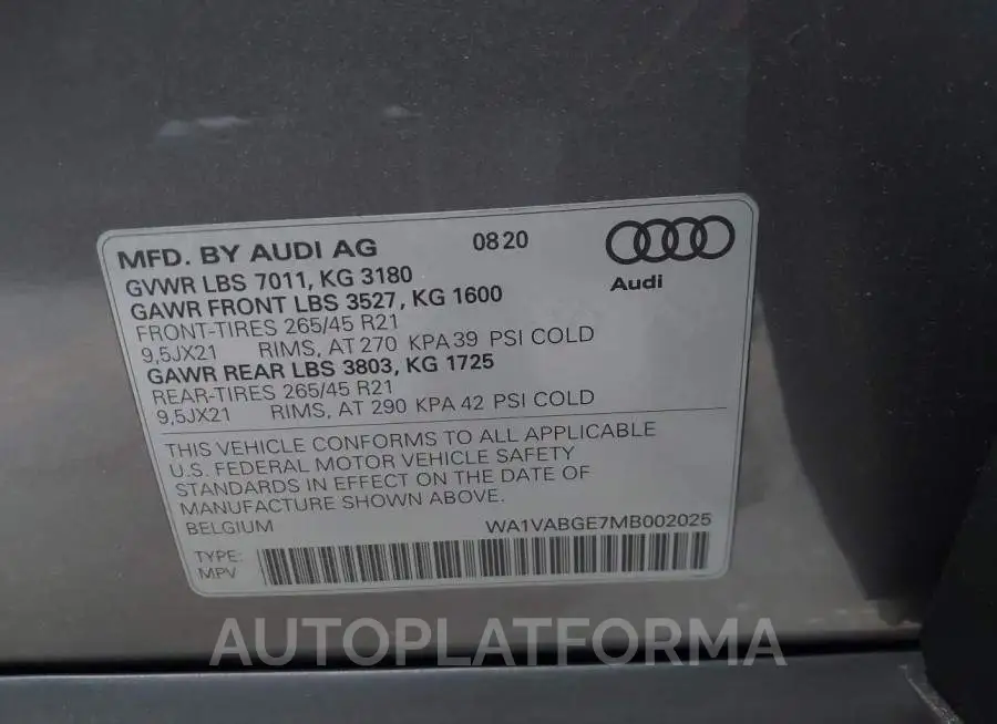 AUDI E-TRON 2021 vin WA1VABGE7MB002025 from auto auction Iaai