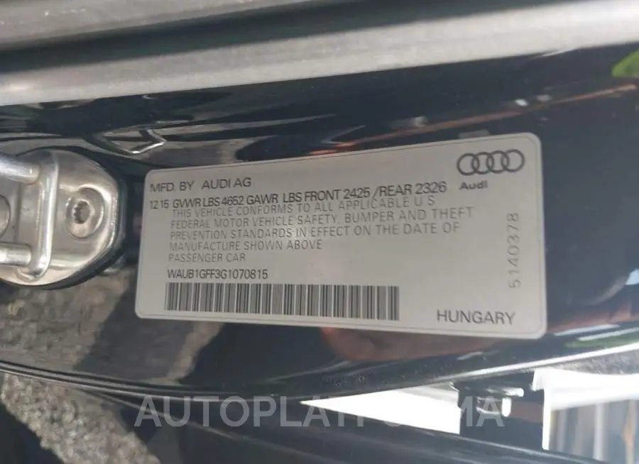 AUDI S3 2016 vin WAUB1GFF3G1070815 from auto auction Iaai