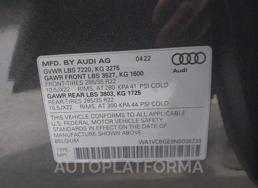 AUDI E-TRON S 2022 vin WA1VCBGE9NB035233 from auto auction Iaai