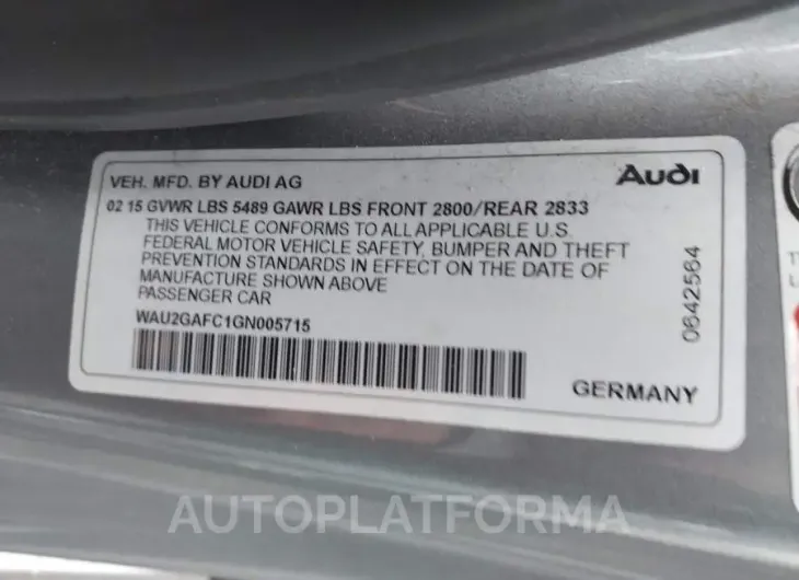 AUDI A7 2016 vin WAU2GAFC1GN005715 from auto auction Iaai