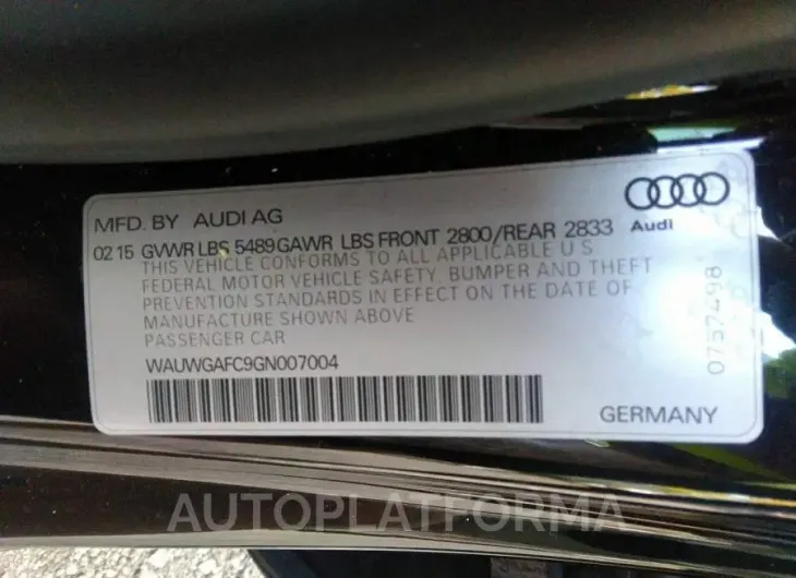 AUDI A7 2016 vin WAUWGAFC9GN007004 from auto auction Iaai