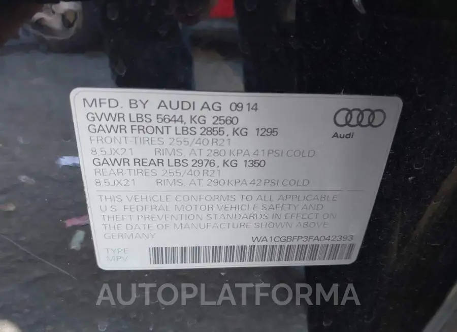 AUDI SQ5 2015 vin WA1CGBFP3FA042393 from auto auction Iaai