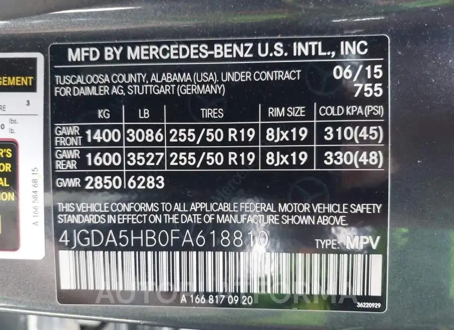 MERCEDES-BENZ M-CLASS 2015 vin 4JGDA5HB0FA618810 from auto auction Iaai