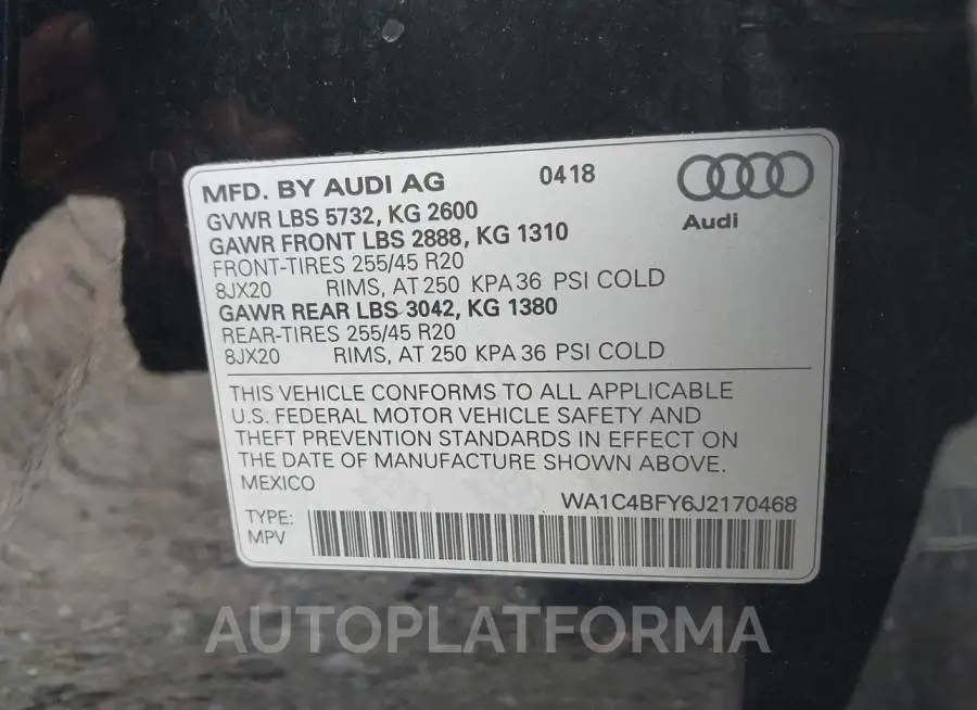 AUDI SQ5 2018 vin WA1C4BFY6J2170468 from auto auction Iaai