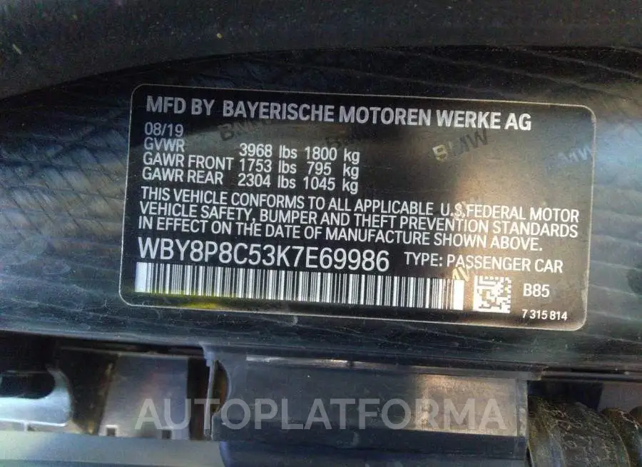 BMW I3 2019 vin WBY8P8C53K7E69986 from auto auction Iaai