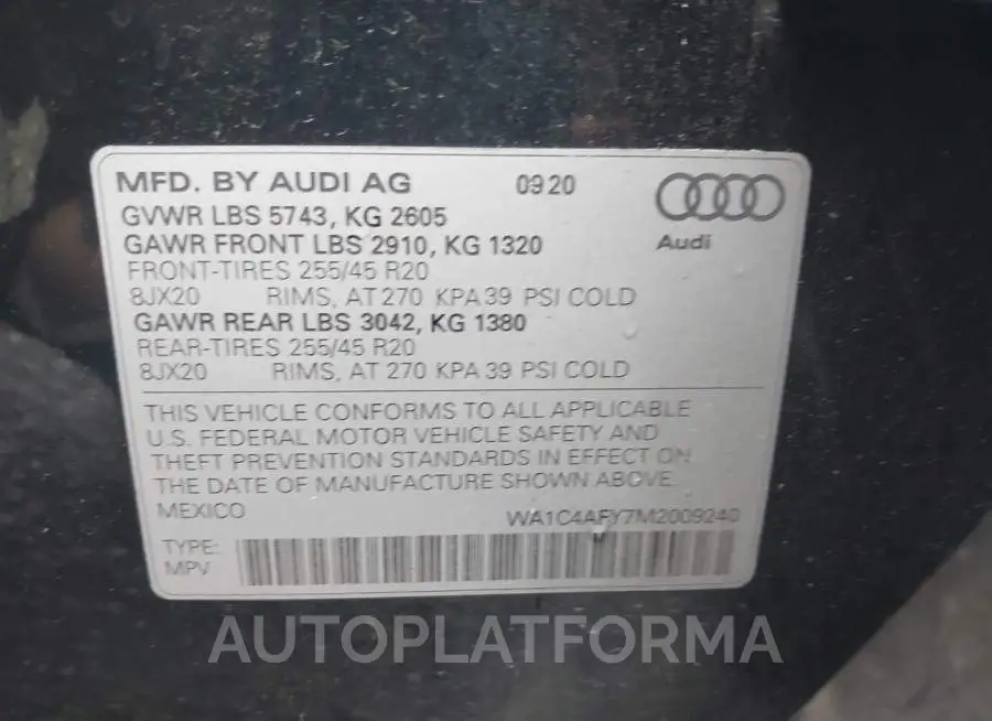 AUDI SQ5 2021 vin WA1C4AFY7M2009240 from auto auction Iaai