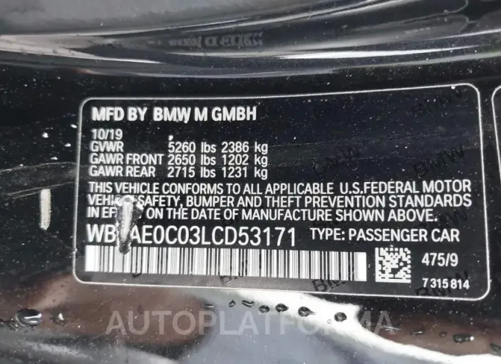 BMW M8 2020 vin WBSAE0C03LCD53171 from auto auction Iaai