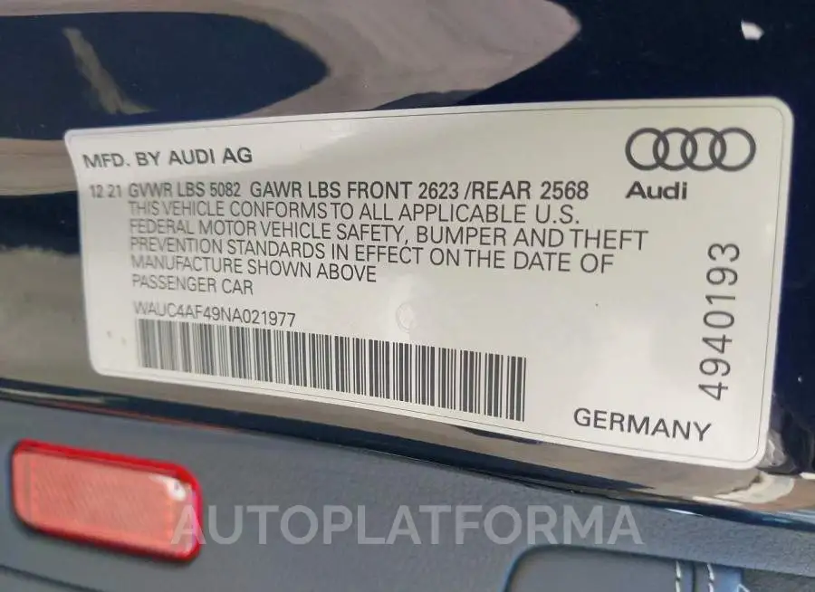 AUDI S4 2022 vin WAUC4AF49NA021977 from auto auction Iaai