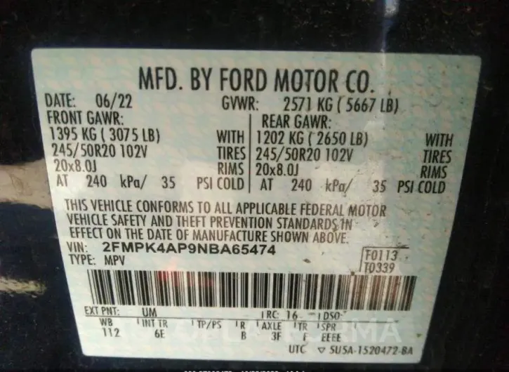 FORD EDGE 2022 vin 2FMPK4AP9NBA65474 from auto auction Iaai