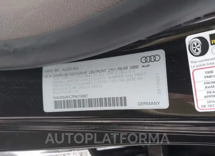 AUDI A7 2015 vin WAUWGAFC7FN018887 from auto auction Iaai