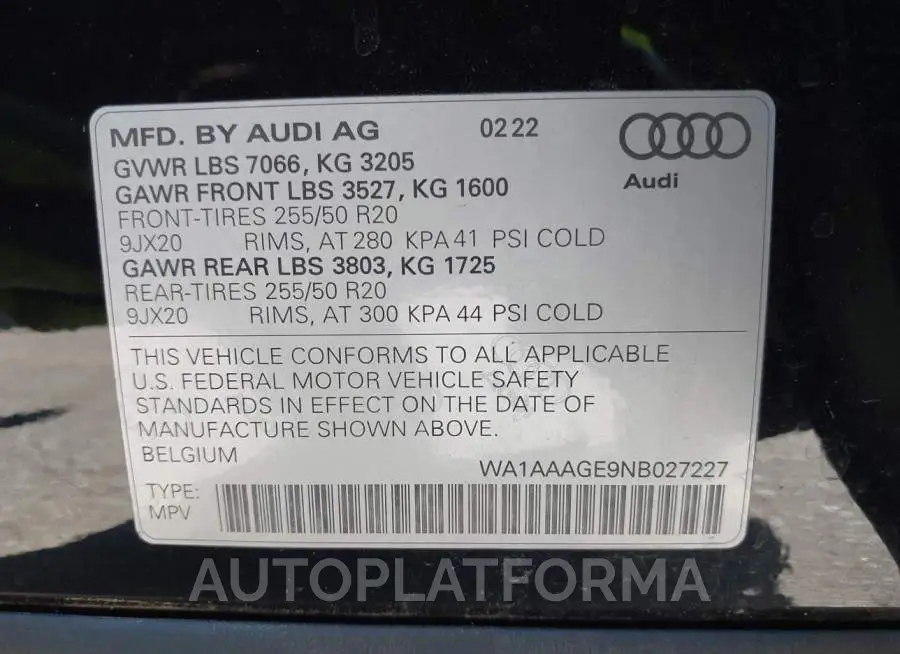 AUDI E-TRON 2022 vin WA1AAAGE9NB027227 from auto auction Iaai