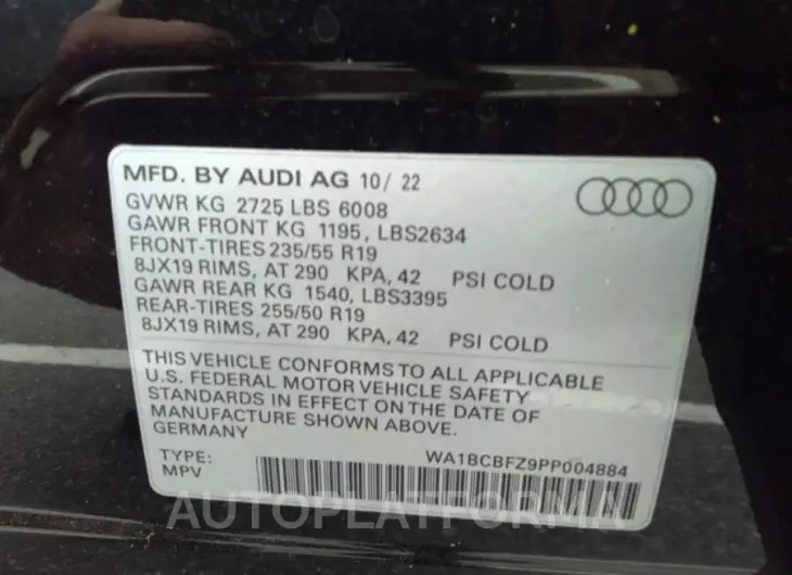 AUDI Q4 E-TRON 2023 vin WA1BCBFZ9PP004884 from auto auction Iaai