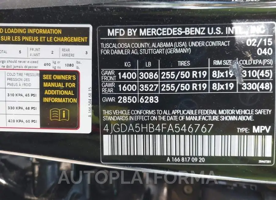 MERCEDES-BENZ M-CLASS 2015 vin 4JGDA5HB4FA546767 from auto auction Iaai