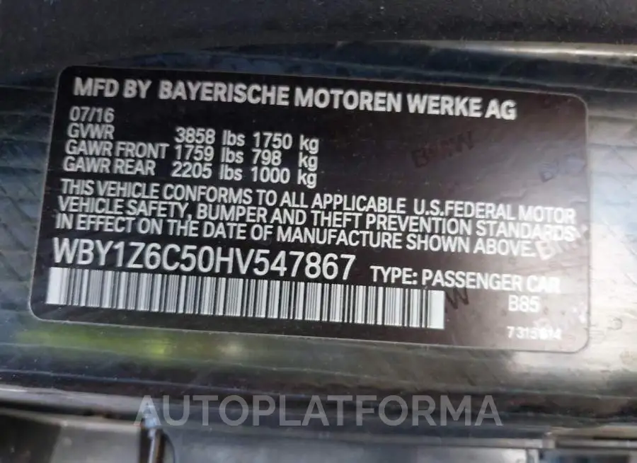 BMW I3 2017 vin WBY1Z6C50HV547867 from auto auction Iaai