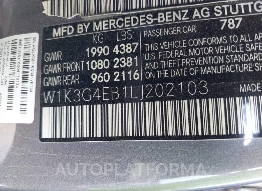 MERCEDES-BENZ A-CLASS 2020 vin W1K3G4EB1LJ202103 from auto auction Iaai