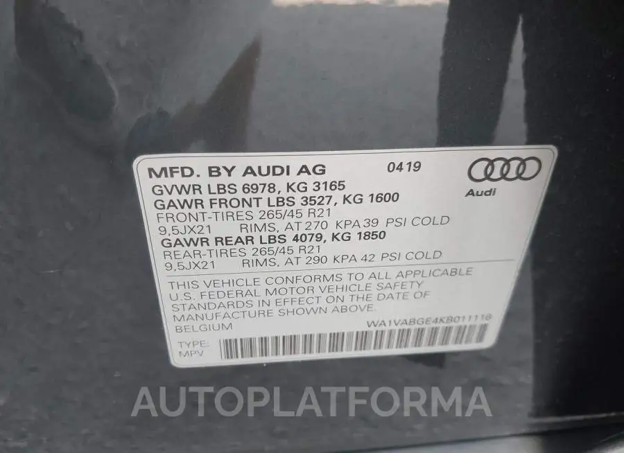 AUDI E-TRON 2019 vin WA1VABGE4KB011116 from auto auction Iaai