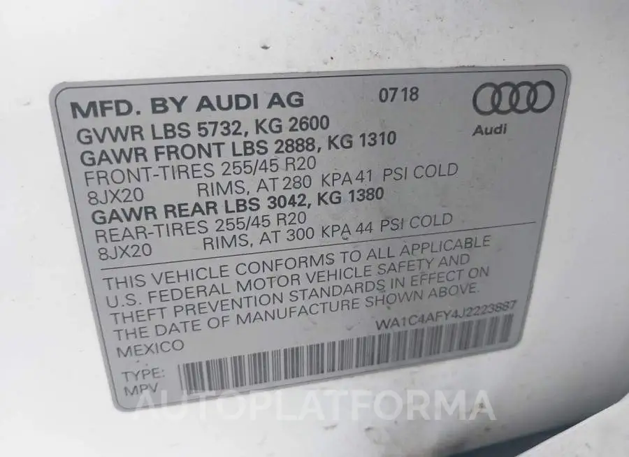 AUDI SQ5 2018 vin WA1C4AFY4J2223887 from auto auction Iaai