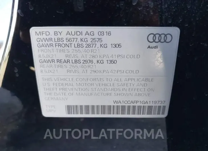 AUDI SQ5 2016 vin WA1CCAFP1GA119737 from auto auction Iaai