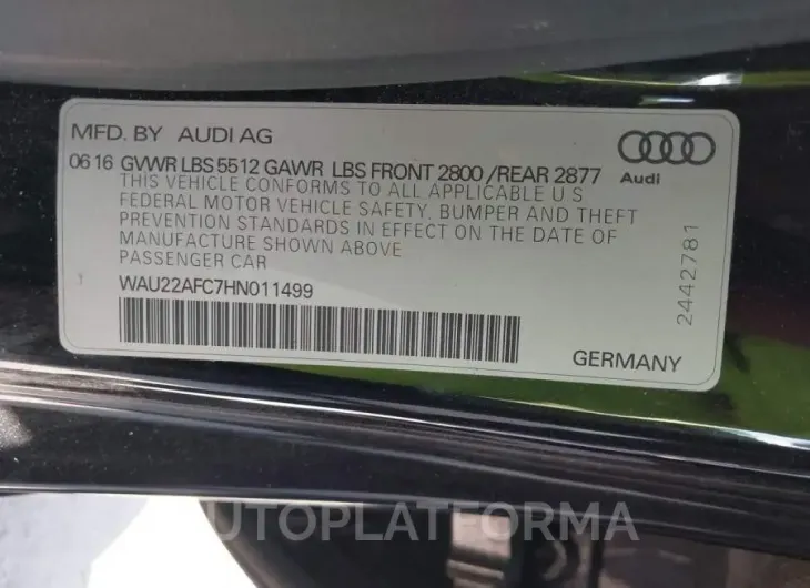 AUDI A7 2017 vin WAU22AFC7HN011499 from auto auction Iaai