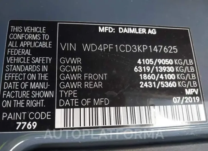 MERCEDES-BENZ SPRINTER 2500 2019 vin WD4PF1CD3KP147625 from auto auction Iaai