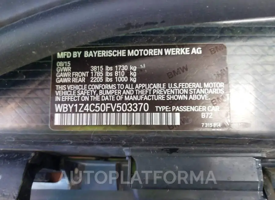 BMW I3 2015 vin WBY1Z4C50FV503370 from auto auction Iaai